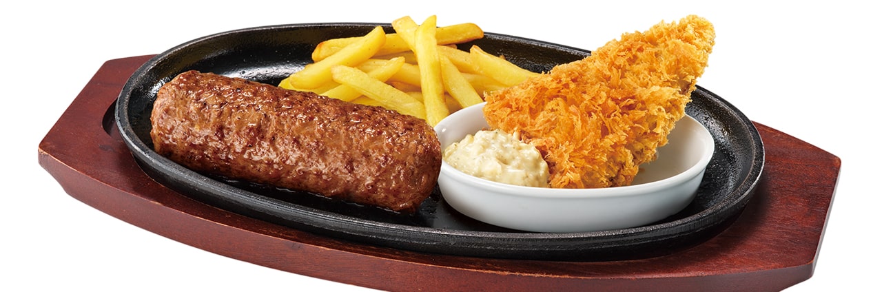 ブロンコおじさんのこだわり炭焼きがんこハンバーグ&肉厚とろあじフライランチ