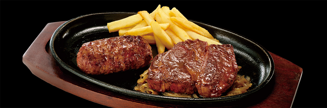 ブロンコおじさんのこだわり炭焼きがんこハンバーグ&炭焼きプライムグレード肩ロースステーキ