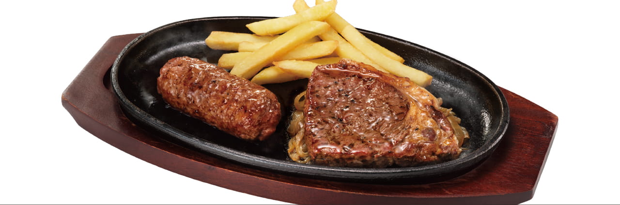 ブロンコおじさんのこだわり炭焼きがんこハンバーグ&炭焼きブラックダイヤモンドサーロインステーキランチ
